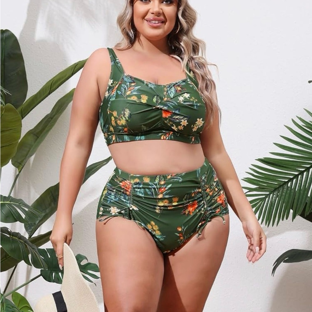 Plus Size Green Floral High-Waist Bikini Set